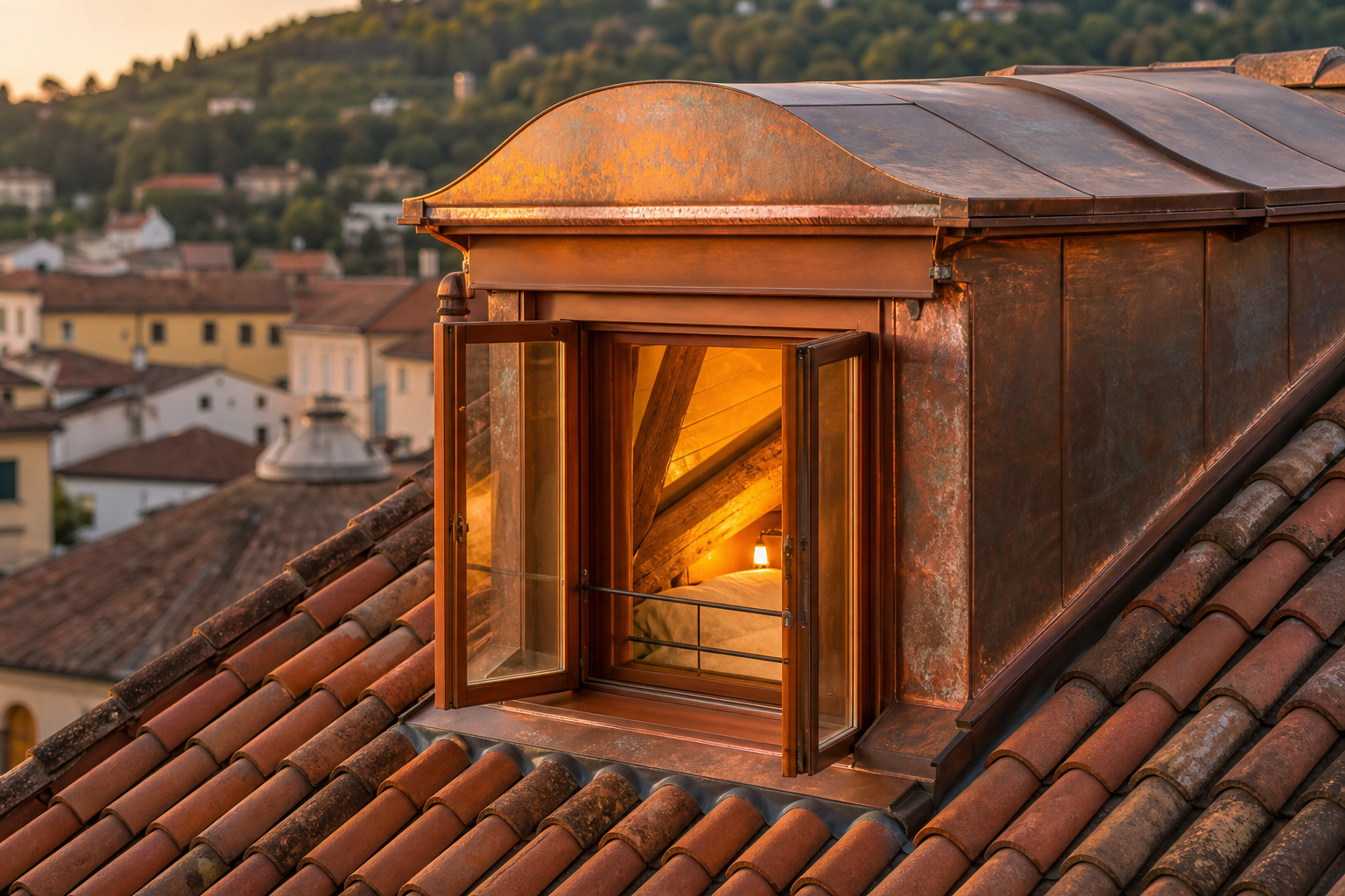 Abbaino in rame appena restaurato su un tetto in coppi a Vicenza, luce calda al tramonto