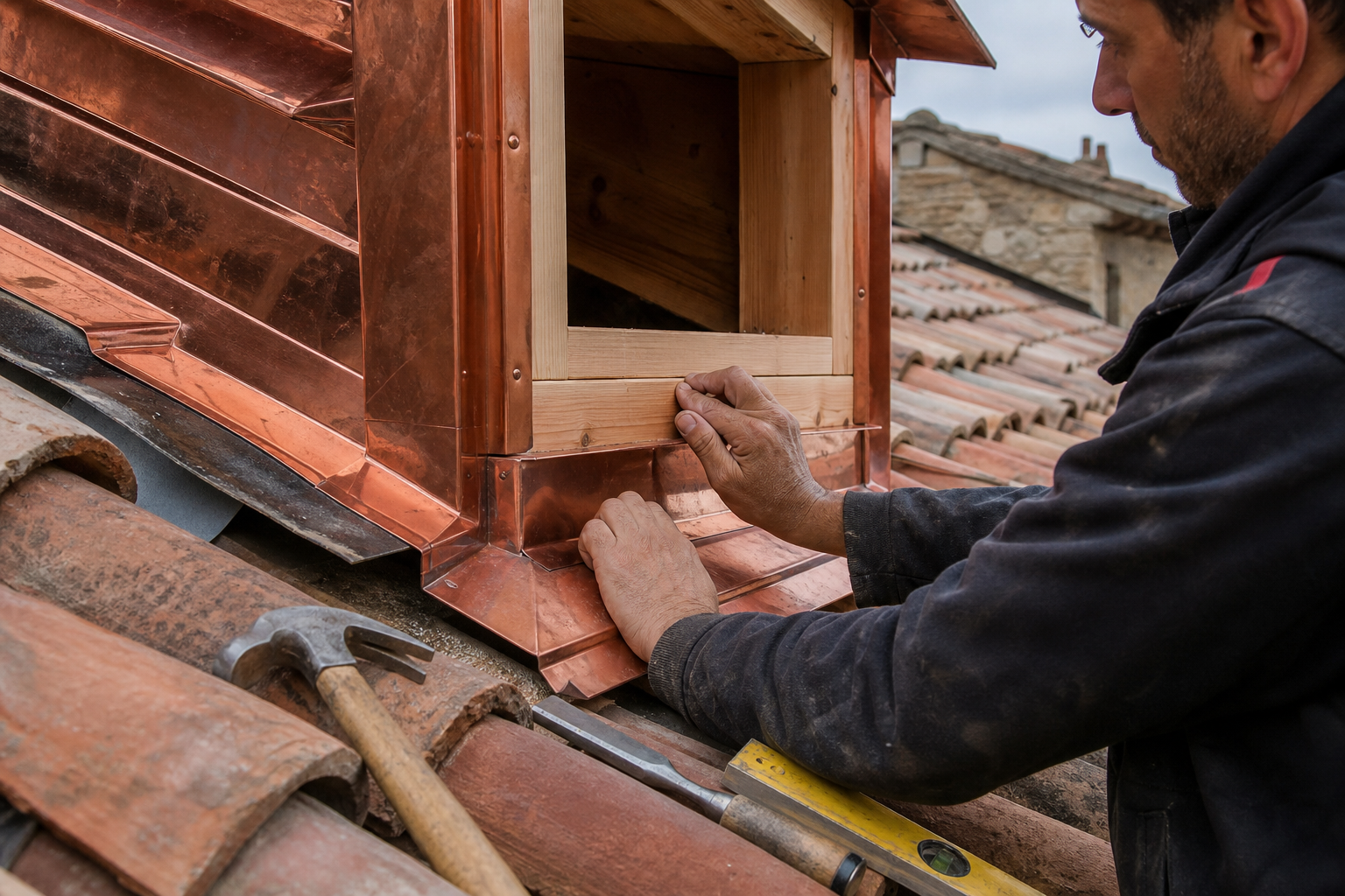 Costruzione di un abbaino in rame e legno su un tetto in coppi a Vicenza